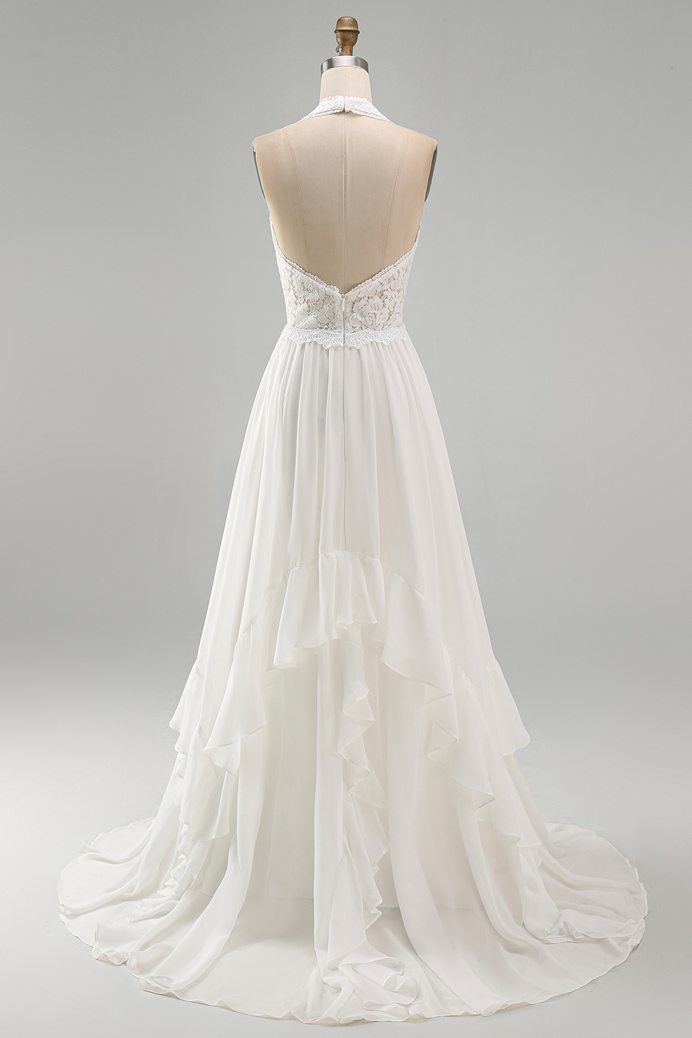 Leely Women Ivory Ruffled Sweep Train Western Wedding Dress with Slit Halter A Line Boho Beach Wedding Dress with Lace