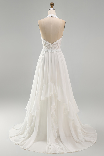 Leely Women Ivory Ruffled Sweep Train Western Wedding Dress with Slit Halter A Line Boho Beach Wedding Dress with Lace