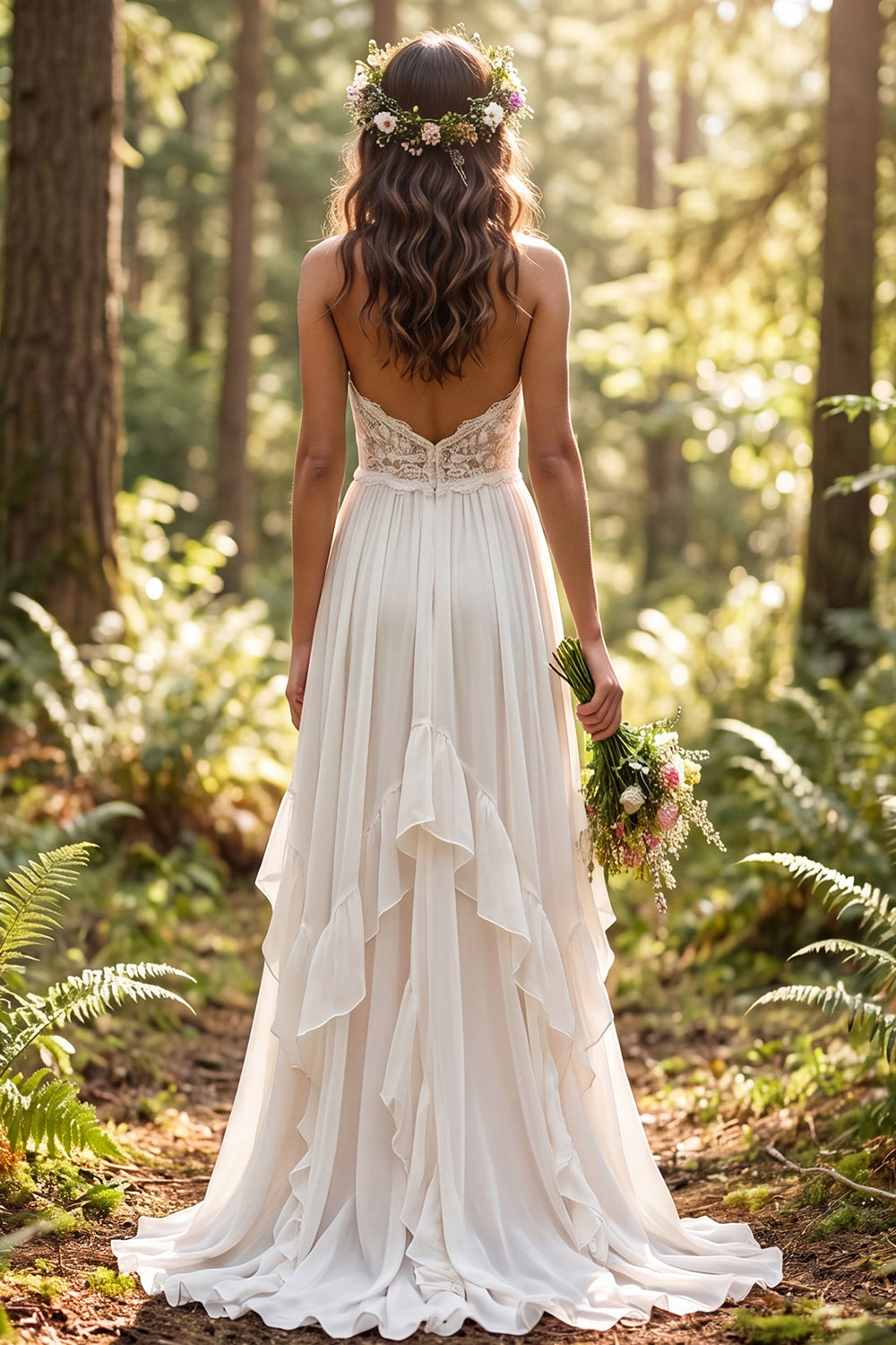 Ivory Halter A Line Ruffled Sweep Train Boho Wedding Dress with Slit