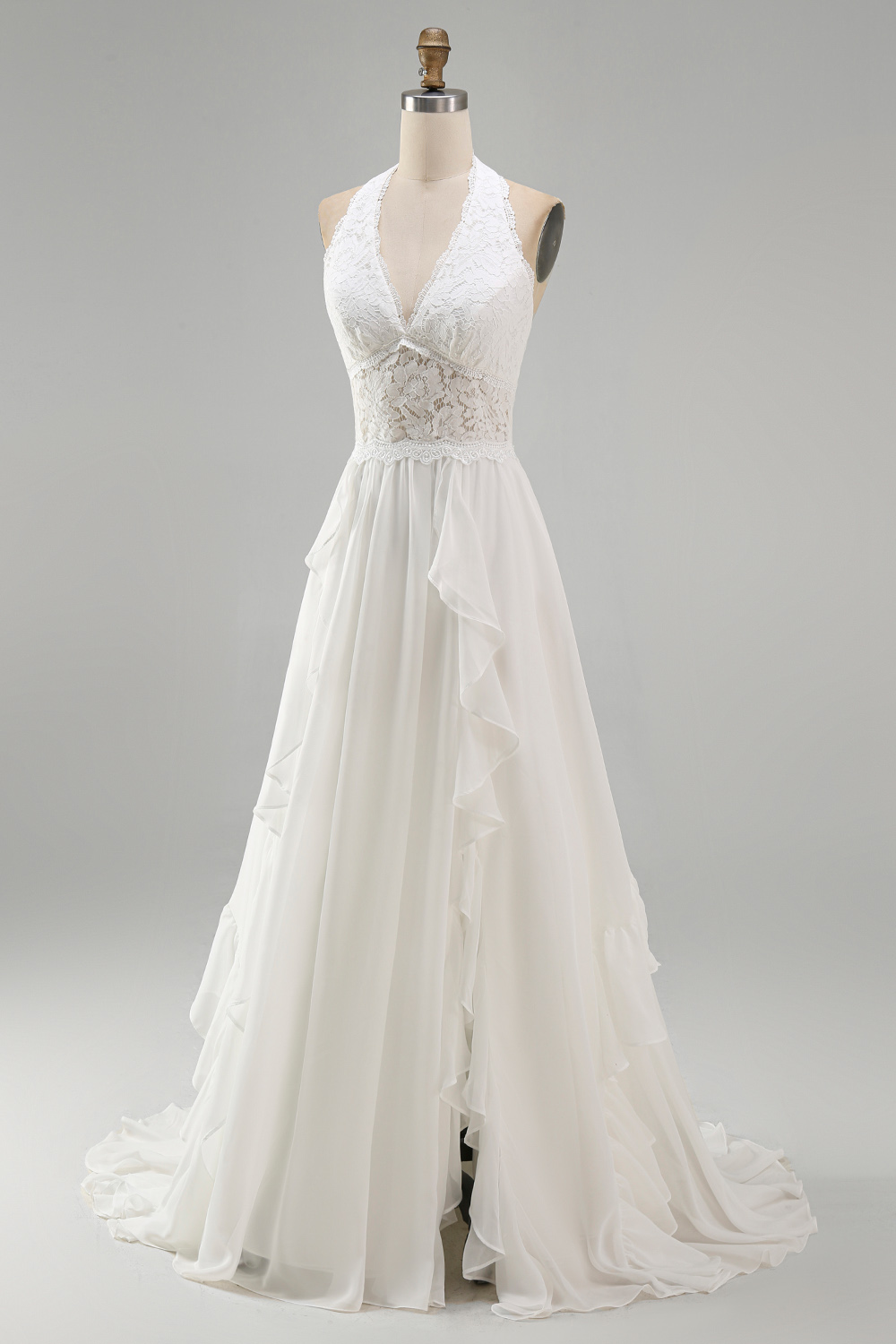Ivory Halter A Line Ruffled Sweep Train Boho Wedding Dress with Slit
