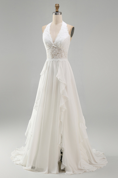 Ivory Halter A Line Ruffled Sweep Train Boho Wedding Dress with Slit