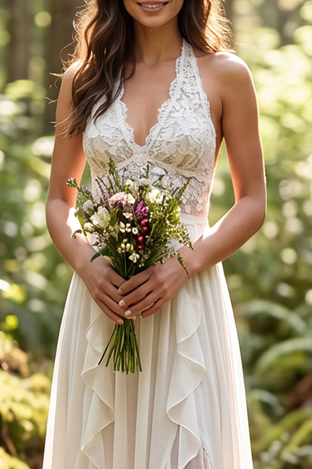 Ivory Halter A Line Ruffled Sweep Train Boho Wedding Dress with Slit