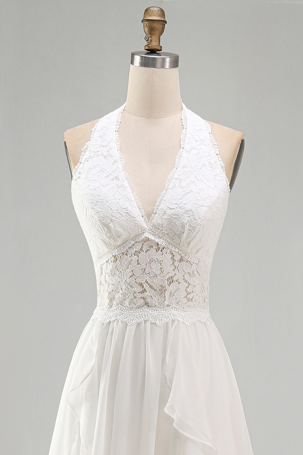 Ivory Halter A Line Ruffled Sweep Train Boho Wedding Dress with Slit