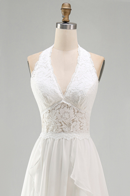 Ivory Halter A Line Ruffled Sweep Train Boho Wedding Dress with Slit