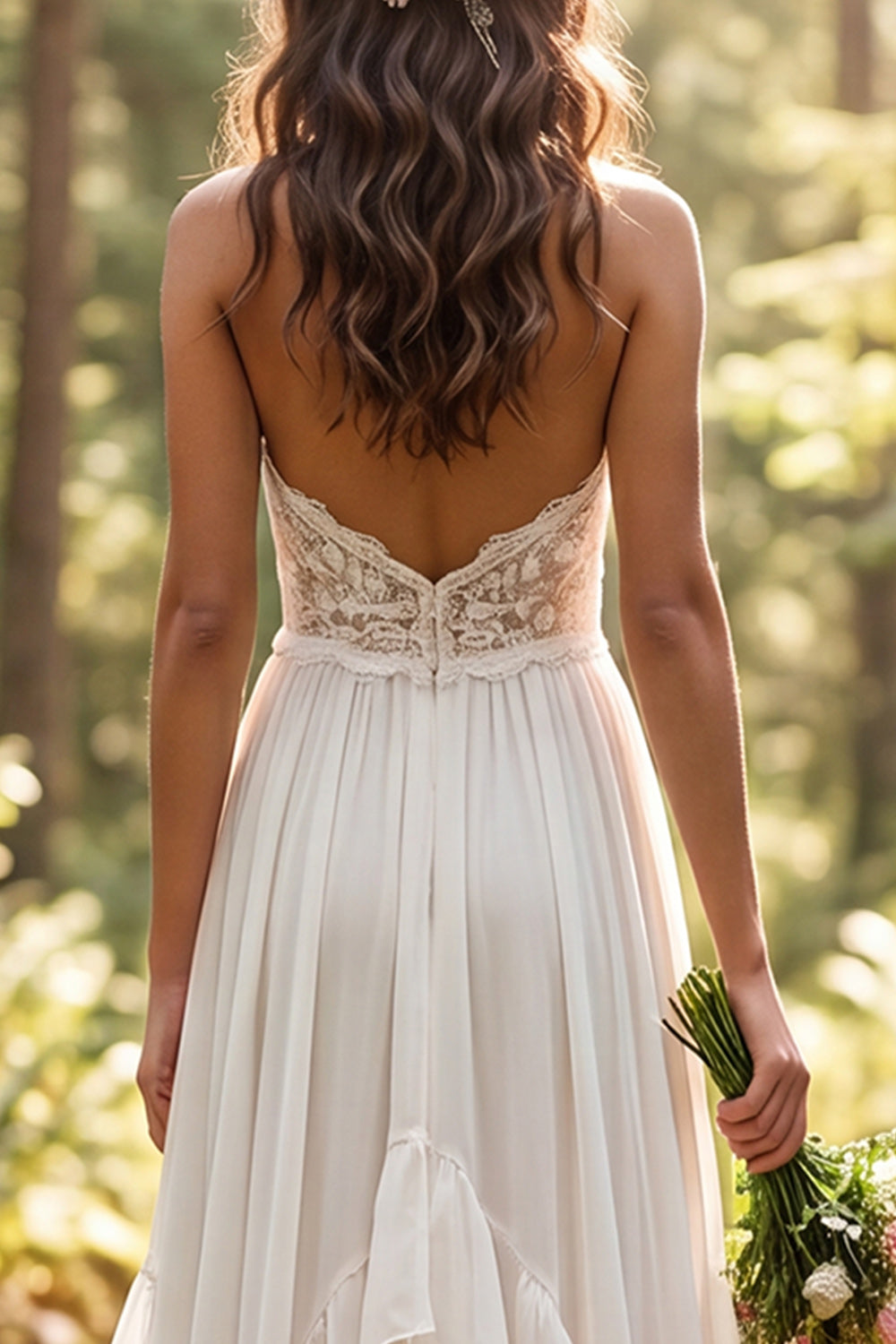 Ivory Halter A Line Ruffled Sweep Train Boho Wedding Dress with Slit