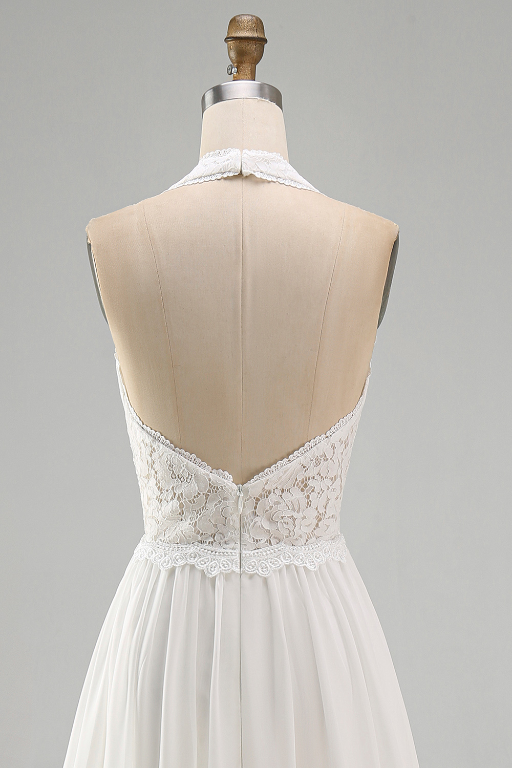 Ivory Halter A Line Ruffled Sweep Train Boho Wedding Dress with Slit