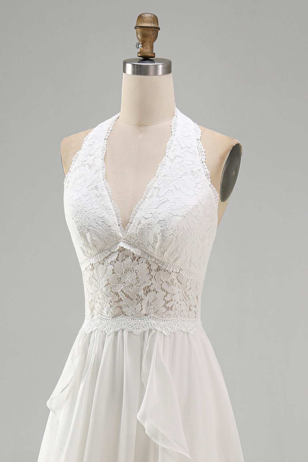 Ivory Halter A Line Ruffled Sweep Train Boho Wedding Dress with Slit
