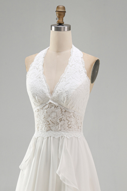 Ivory Halter A Line Ruffled Sweep Train Boho Wedding Dress with Slit