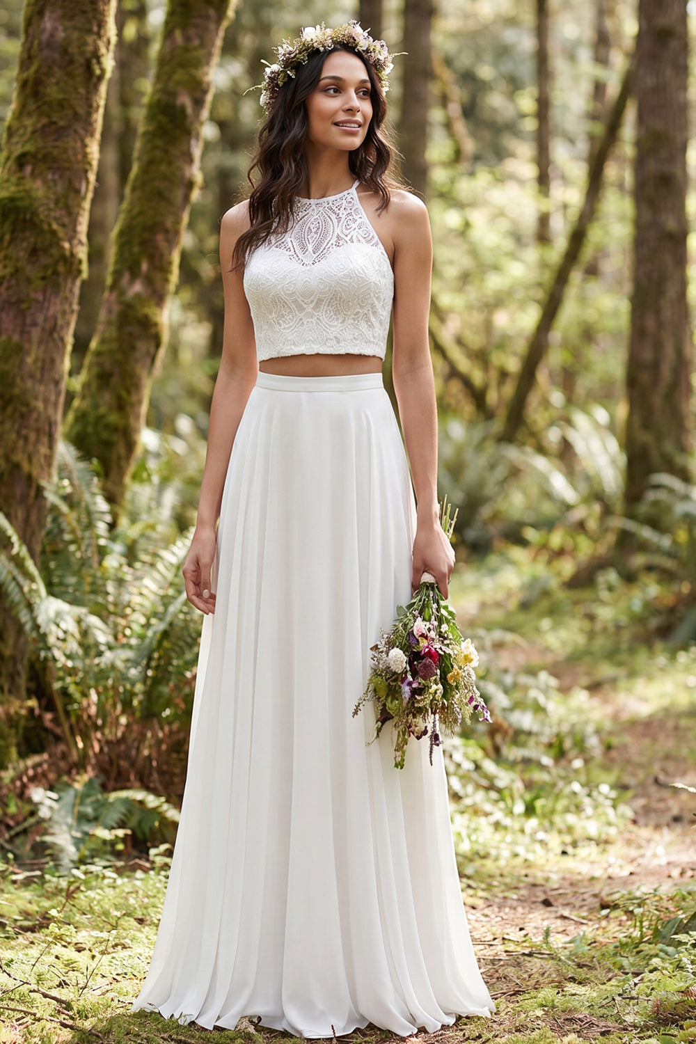 Leely Women Ivory 2 Piece Sweep Train Boho Wedding Dress Halter A Line Bridal Dress with Lace