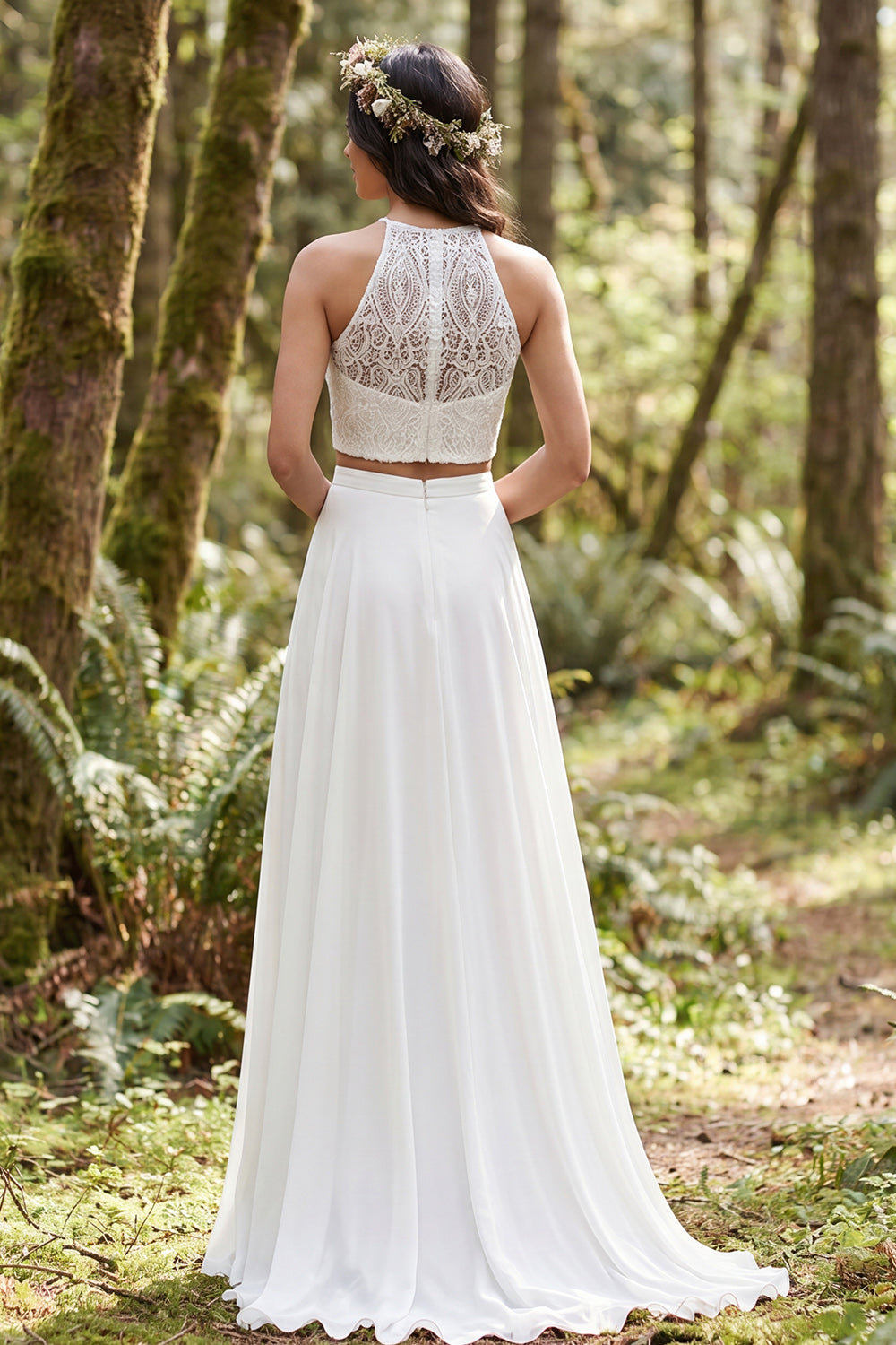 Ivory 2 Piece Halter A Line Sweep Train Boho Wedding Dress with Lace