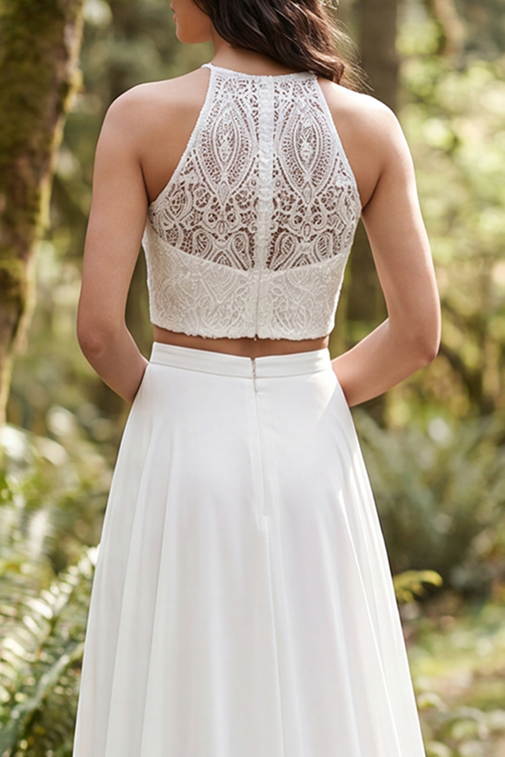 Ivory 2 Piece Halter A Line Sweep Train Boho Wedding Dress with Lace