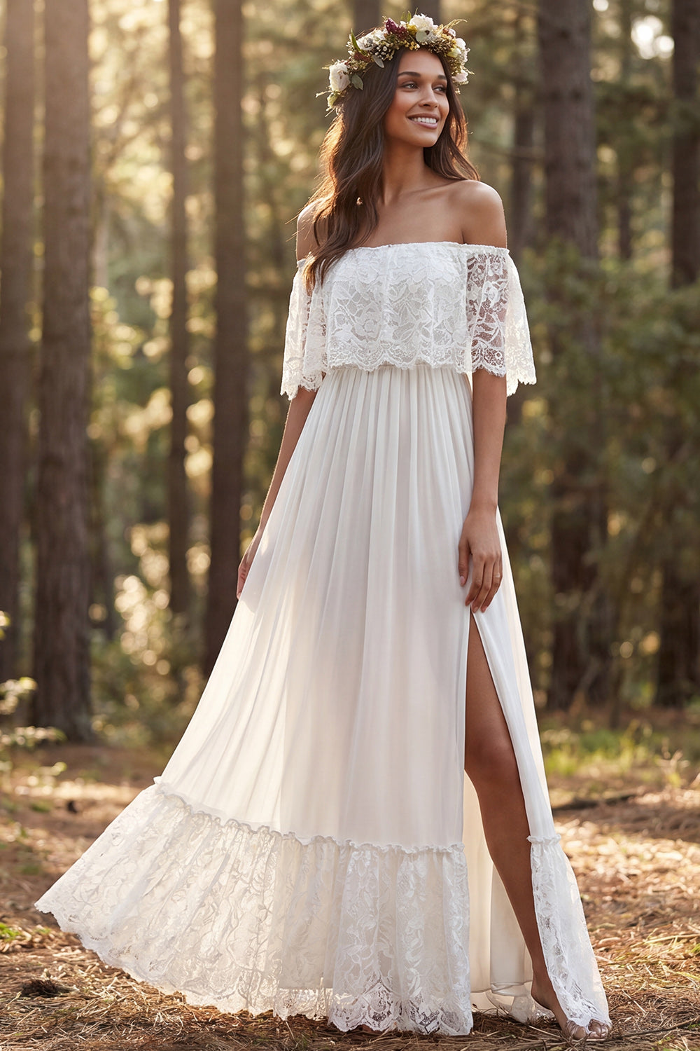 Leely Women Ivory Sweep Train Beach Wedding Dress with Slit Off the Shoulder A Line Bridal Dress with Lace