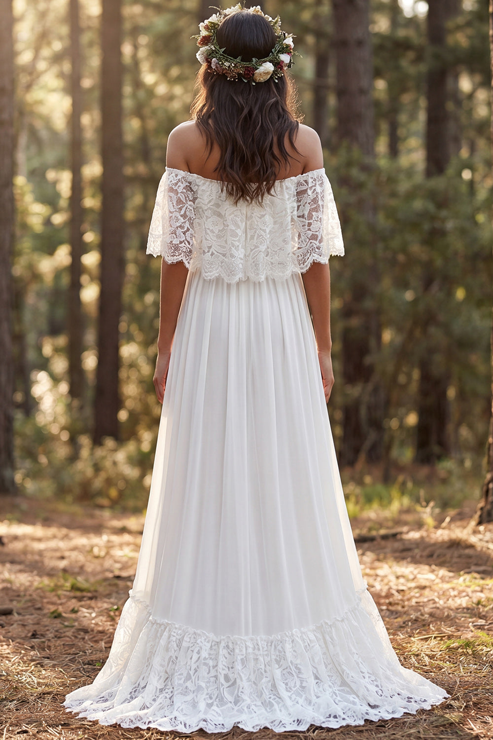 Ivory Off the Shoulder A Line Sweep Train Beach Wedding Dress with Slit
