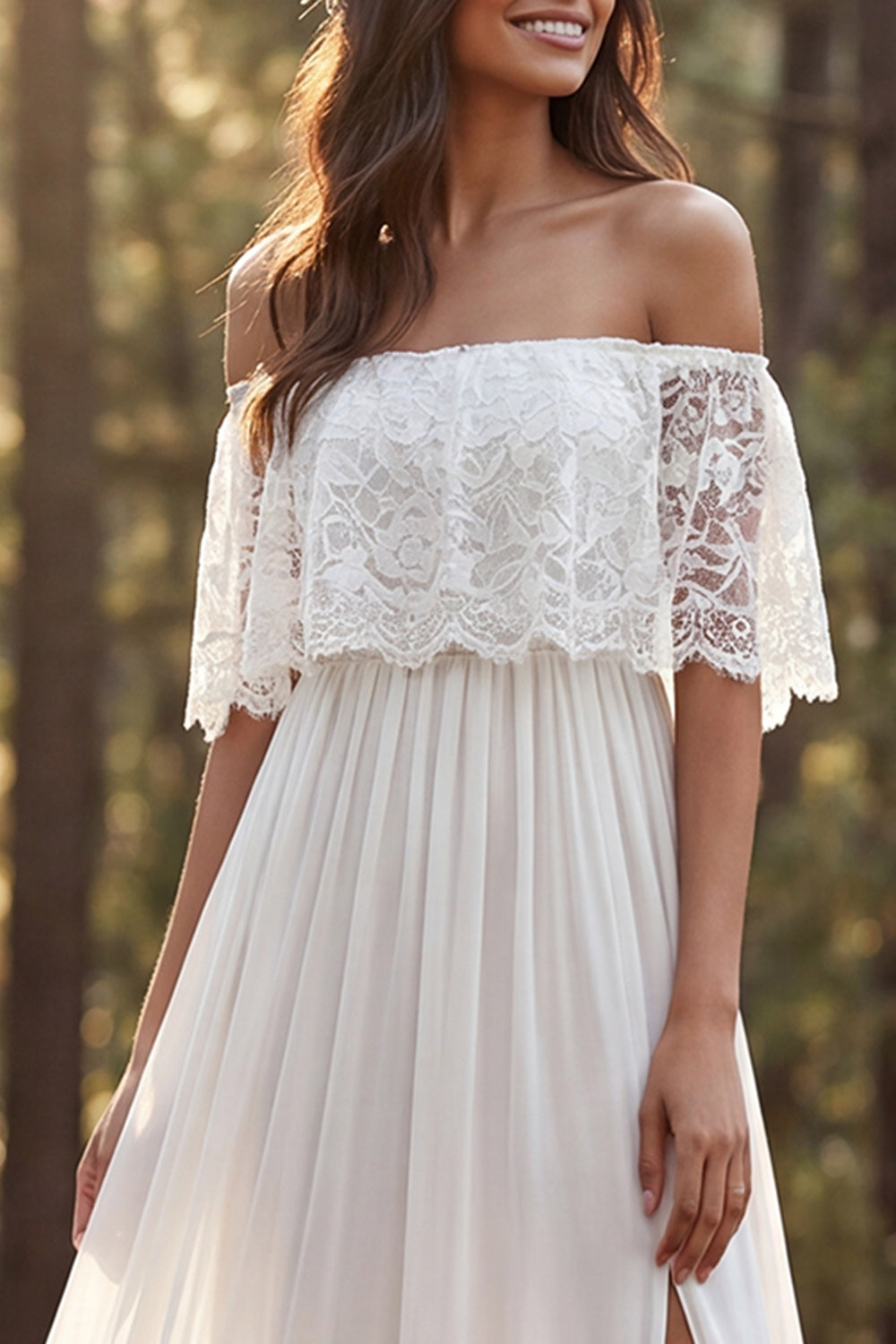 Ivory Off the Shoulder A Line Sweep Train Beach Wedding Dress with Slit