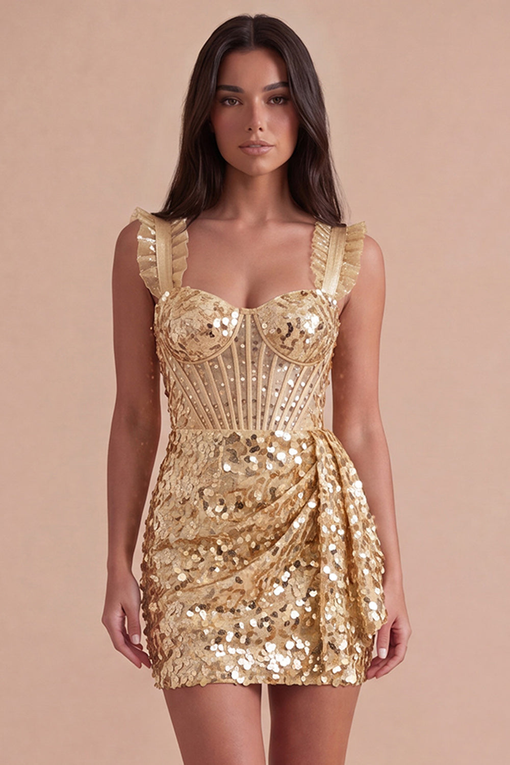 Champagne Sparkly Corset Sequin Thick Straps Bodycon Short Homecoming Dress