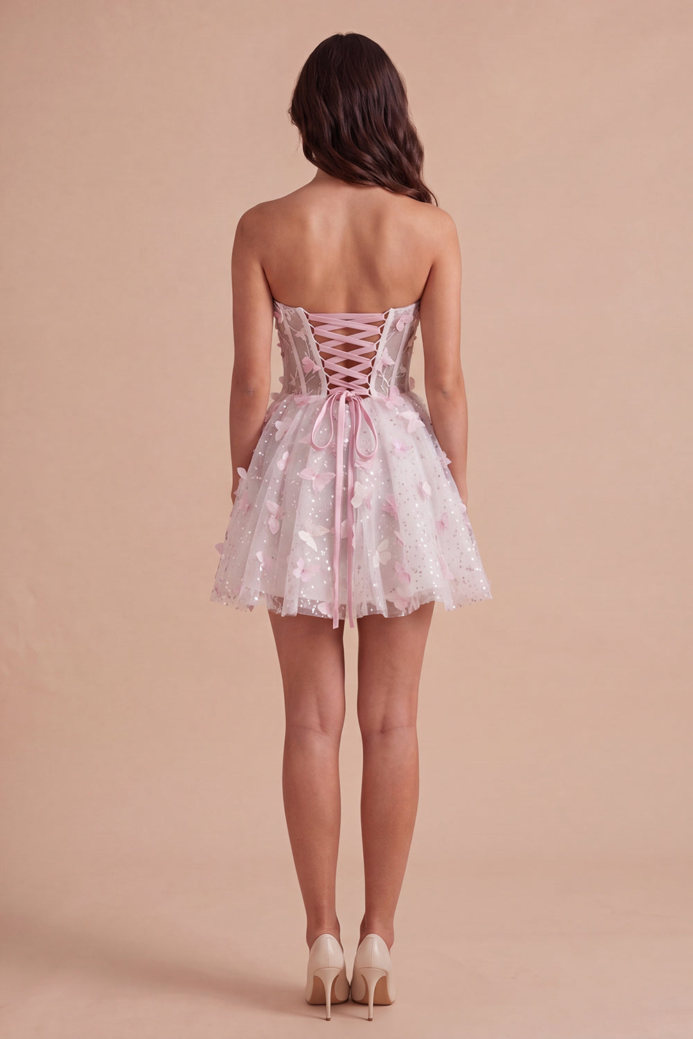 Blush Sparkly Floral Sequin Sweetheart Corset Short Homecoming Dress