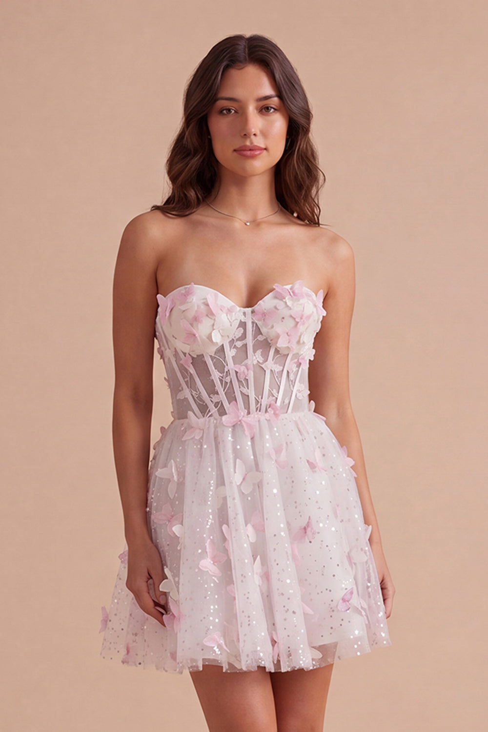Blush Sparkly Floral Sequin Sweetheart Corset Short Homecoming Dress