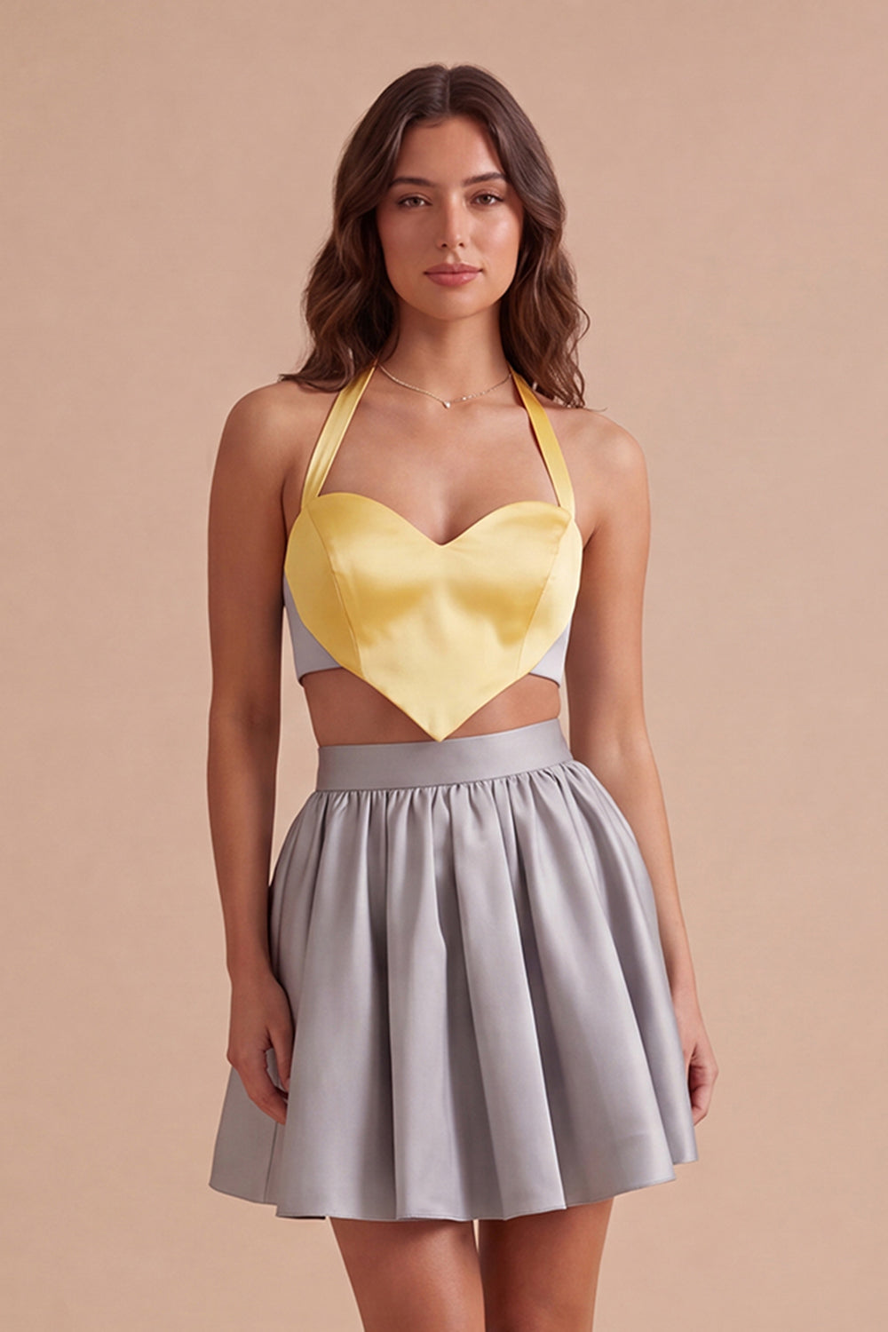 Yellow and Grey Halter 2 Piece A Line Short Homecoming Dress