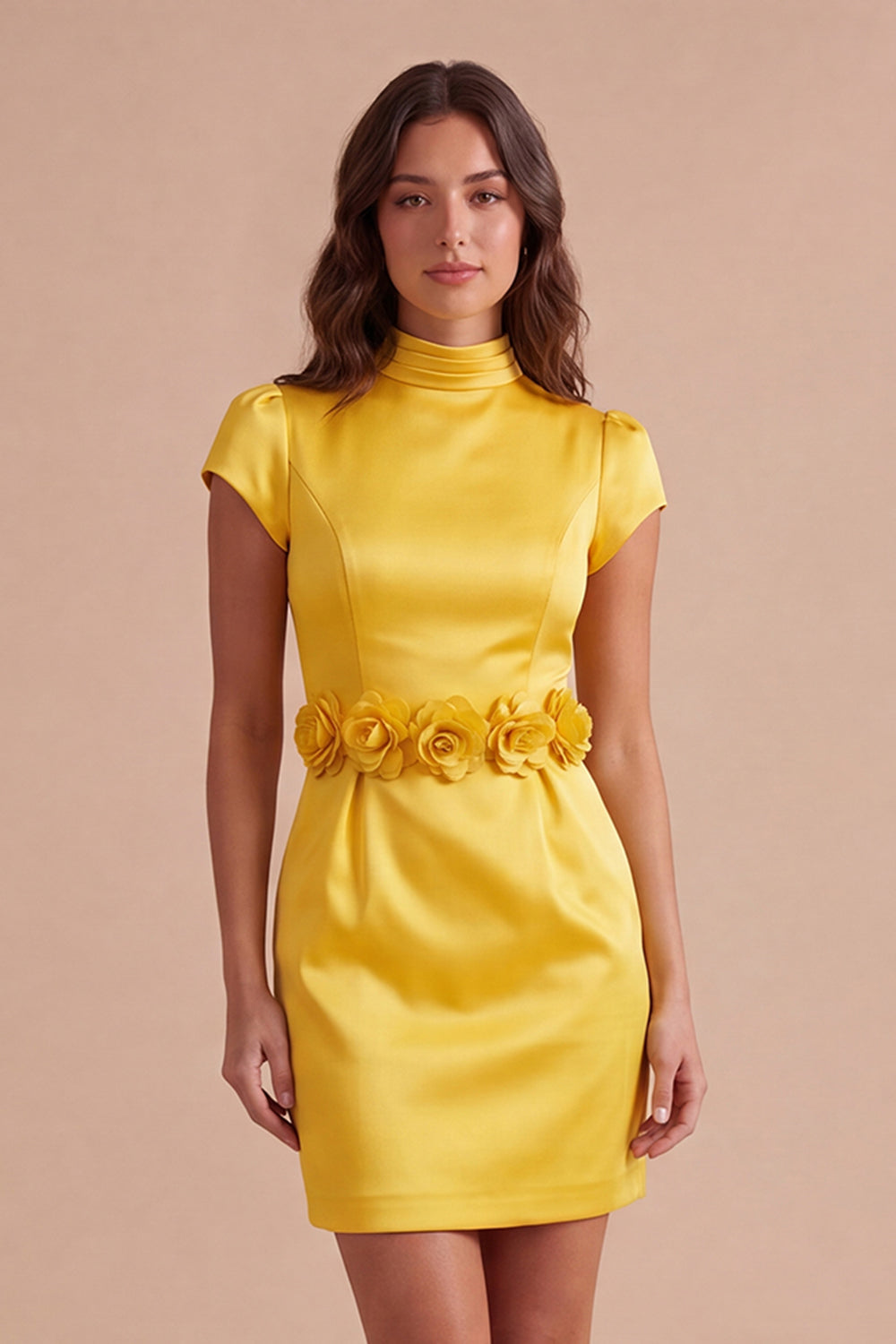 Yellow Bodycon High Neck Short Homecoming Dress with 3D Flowers
