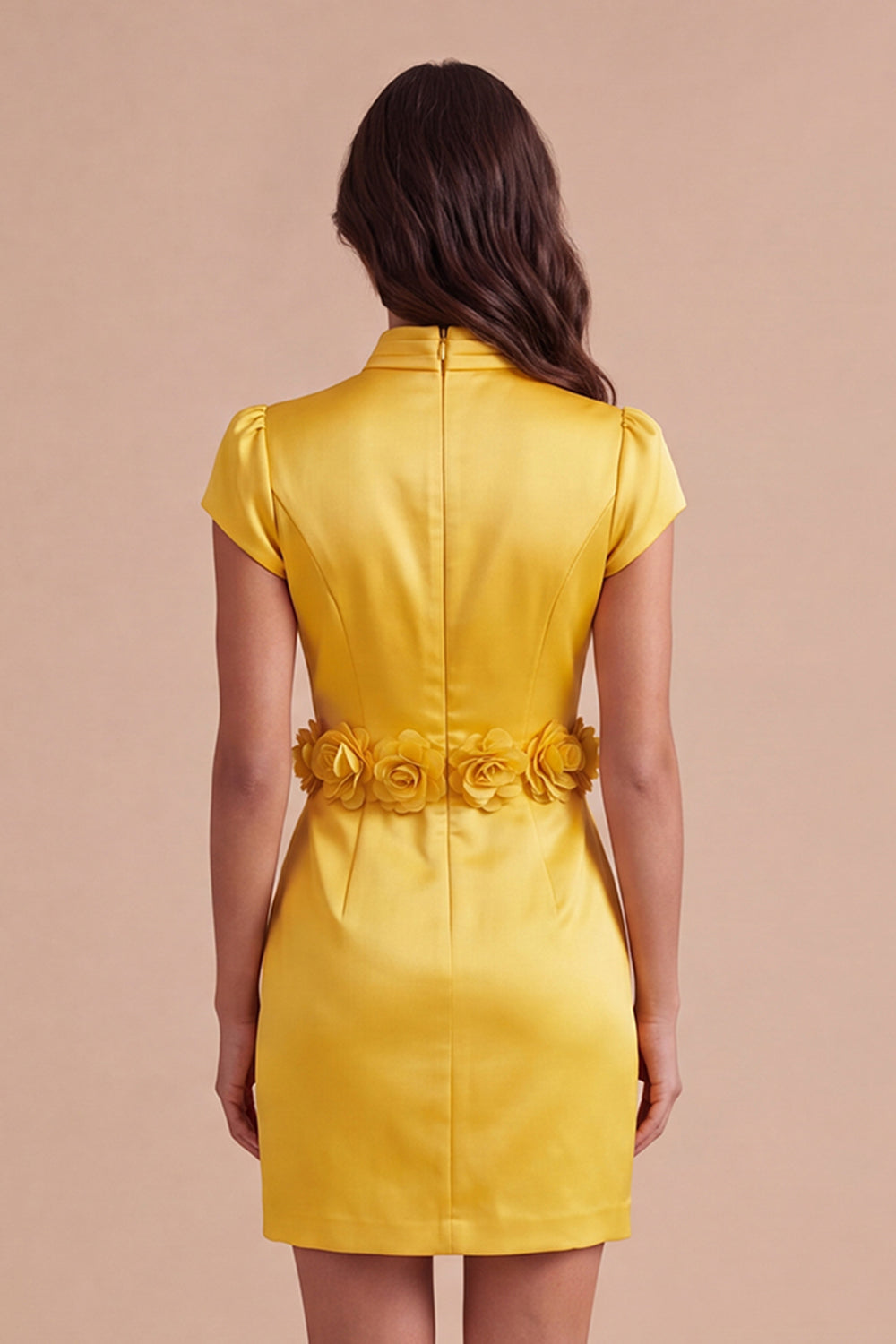 Yellow Bodycon High Neck Short Homecoming Dress with 3D Flowers