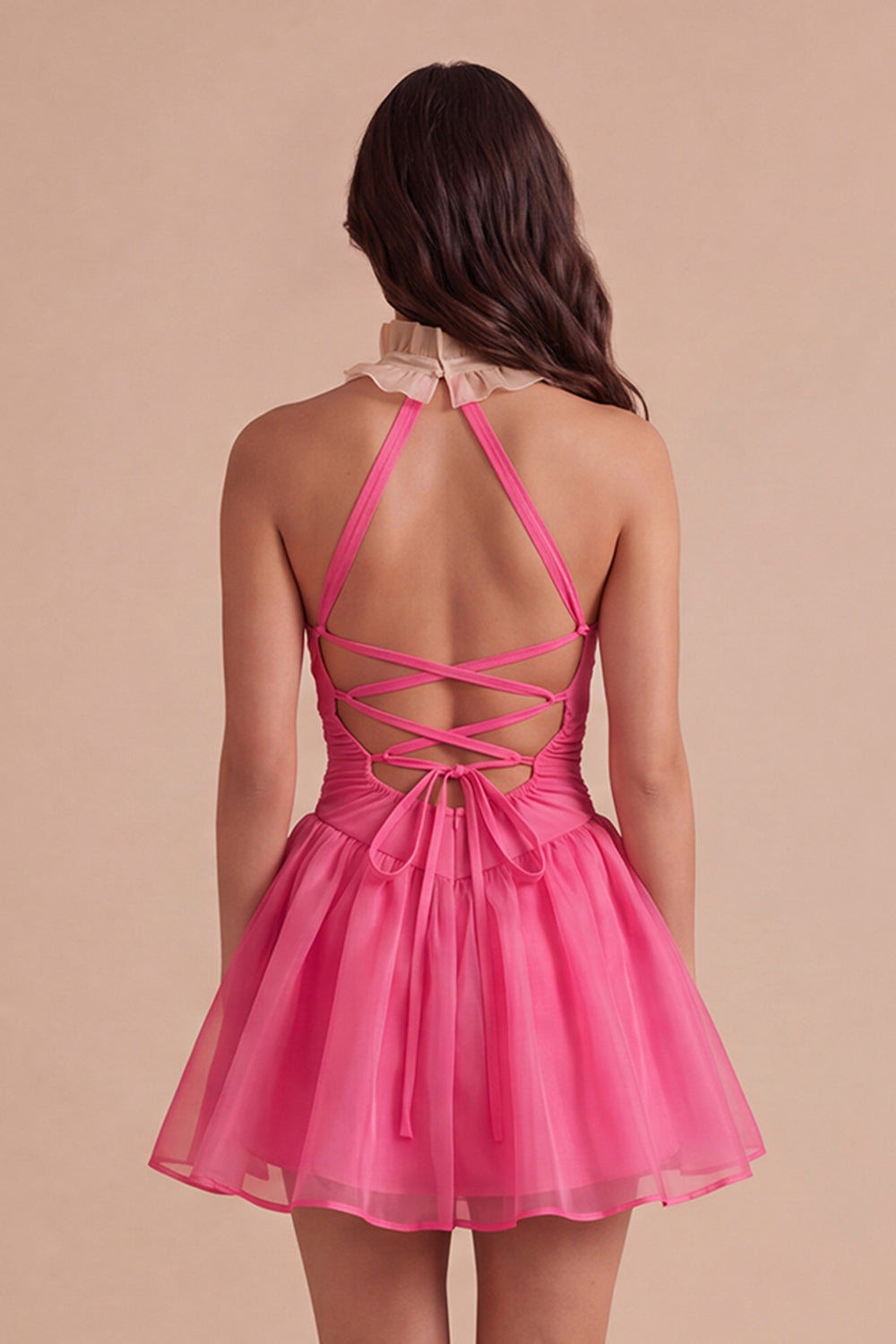 Pink Ruffled A Line Halter Short Homecoming Dress
