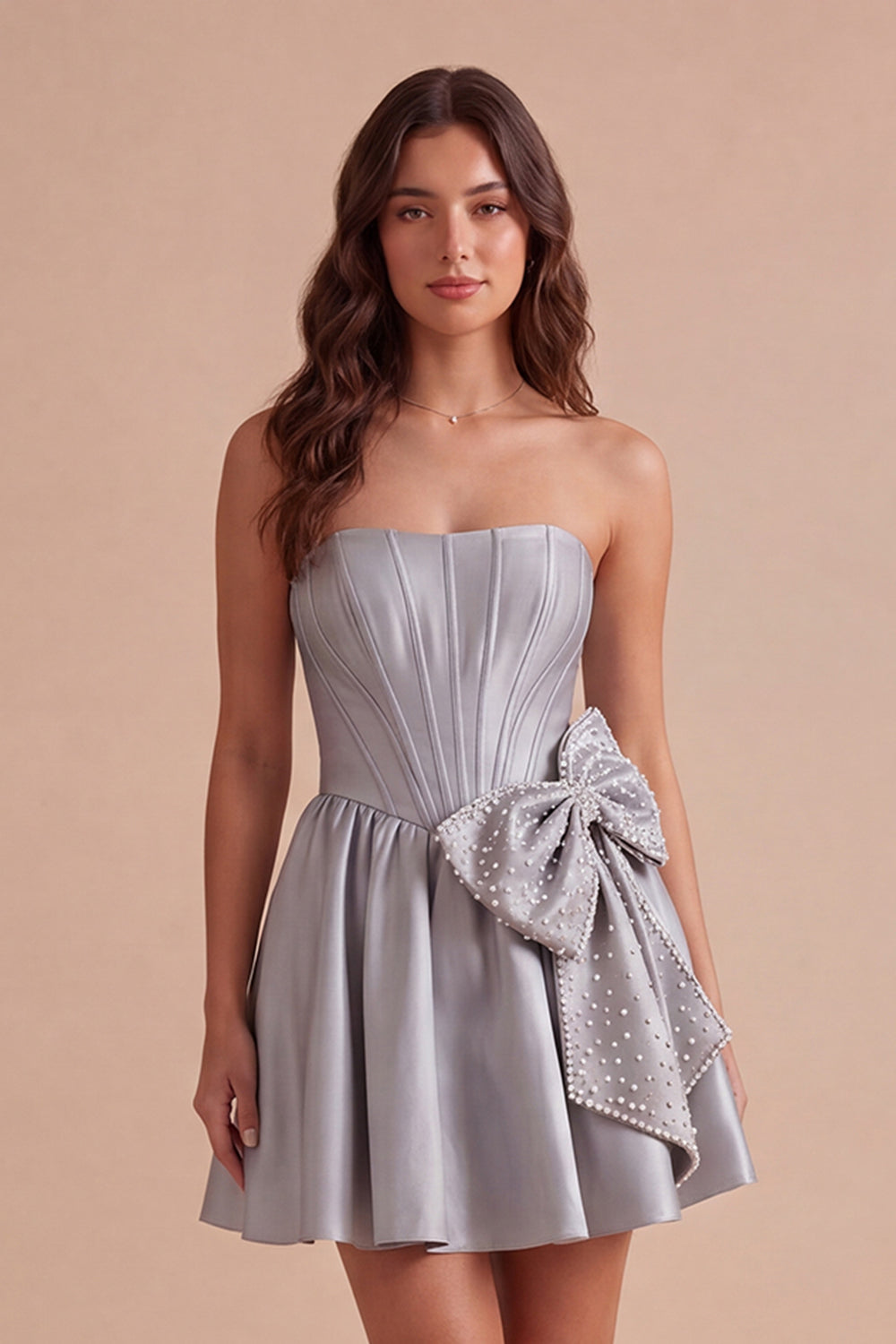 Leely Women Grey Sparkly Corset Beaded Short Homecoming Dress with Bow Strapless A Line Lace Up Back Cocktail Dress