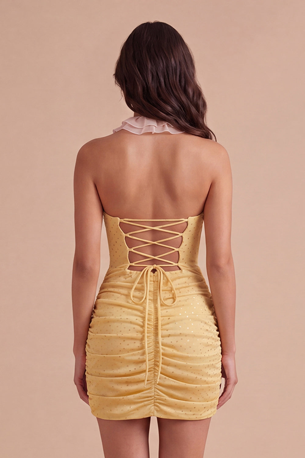 Light Yellow Glitter Ruffled Halter Short Homecoming Dress