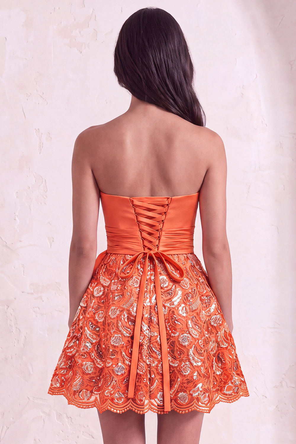 Leely Women Orange Sparkly A Line Sequin Short Homecoming Dress Lace Up Back Ruched Strapless Lace Cocktail Dress with Sash