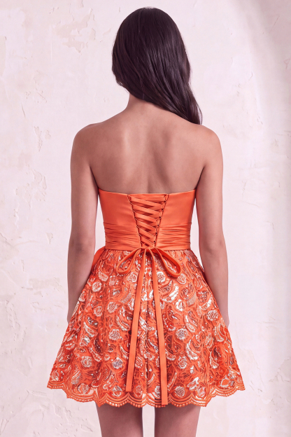 Leely Women Orange Sparkly A Line Sequin Short Homecoming Dress Lace Up Back Ruched Strapless Lace Cocktail Dress with Sash