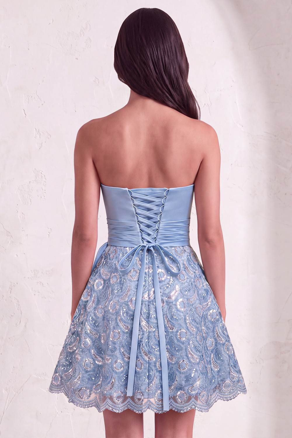 Leely Women Sky Blue Sparkly A Line Sequin Short Homecoming Dress Lace Up Back Ruched Strapless Lace Cocktail Dress with Sash