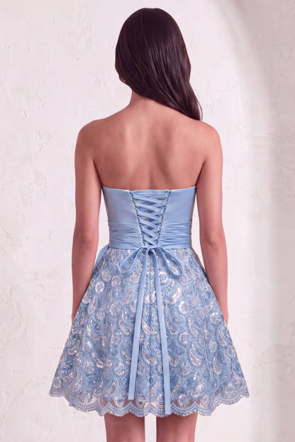 Leely Women Sky Blue Sparkly A Line Sequin Short Homecoming Dress Lace Up Back Ruched Strapless Lace Cocktail Dress with Sash