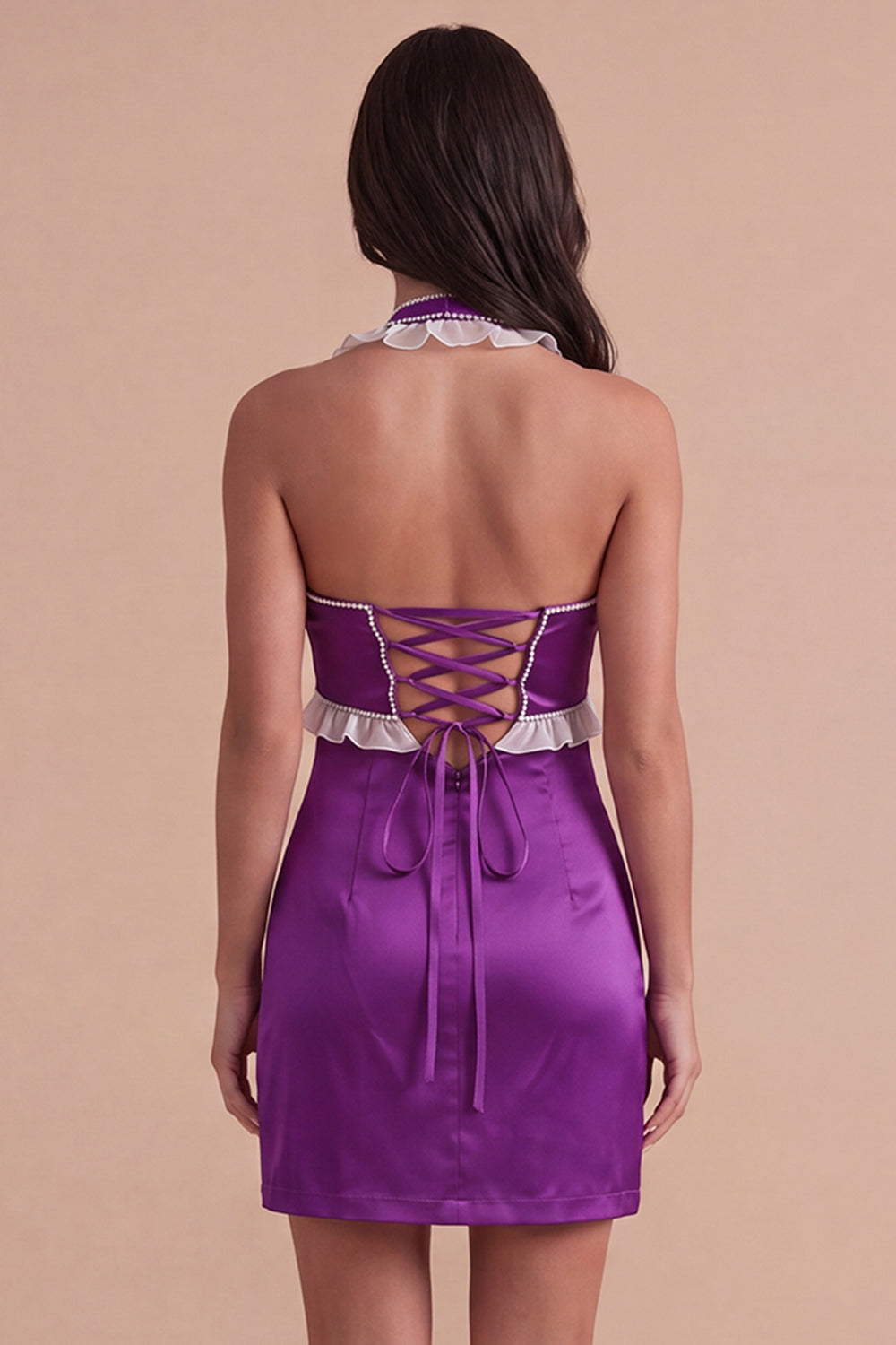 Purple Ruffled Beaded Halter Short Homecoming Dress