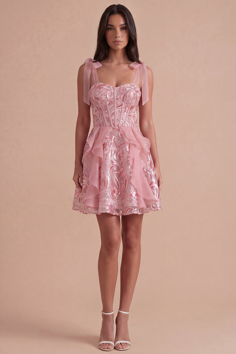 Sparkly Pink Corset Sequin Ruffled Short Homecoming Dress