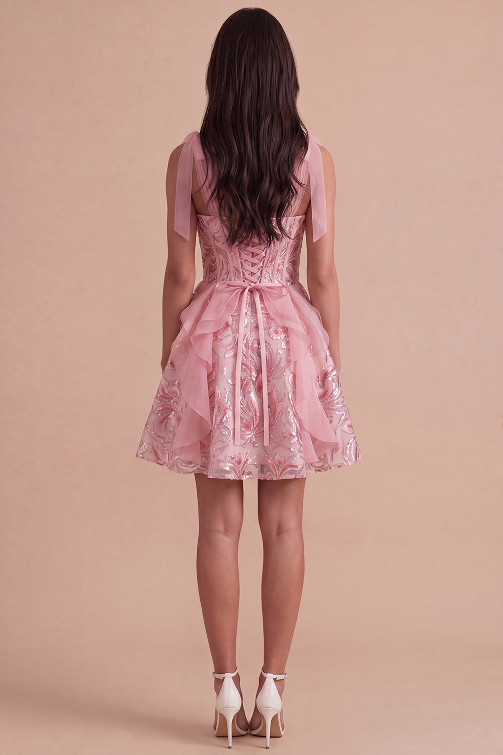 Sparkly Pink Corset Sequin Ruffled Short Homecoming Dress