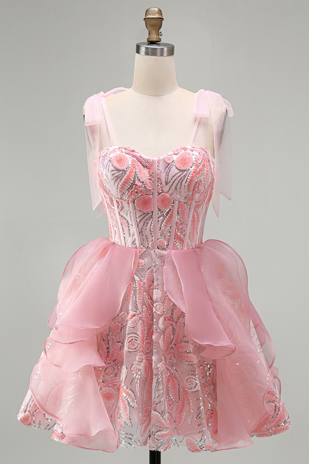 Sparkly Pink Corset Sequin Ruffled Short Homecoming Dress