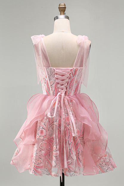 Sparkly Pink Corset Sequin Ruffled Short Homecoming Dress