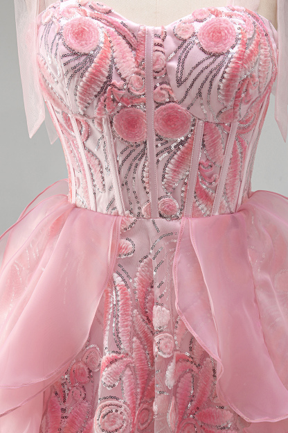 Sparkly Pink Corset Sequin Ruffled Short Homecoming Dress