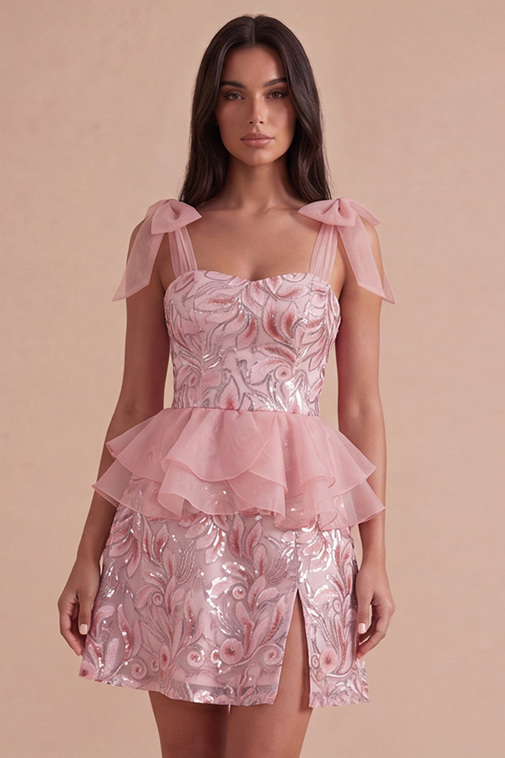 Pink Sparkly Sequin Ruffled Short Homecoming Dress with Slit