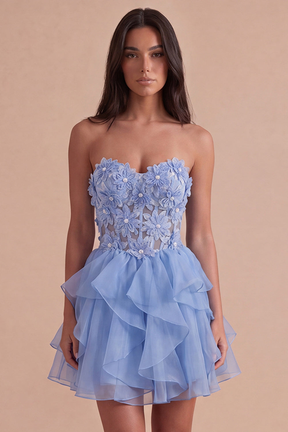 Sparkly Sky Blue Beaded Floral Corset Short Homecoming Dress