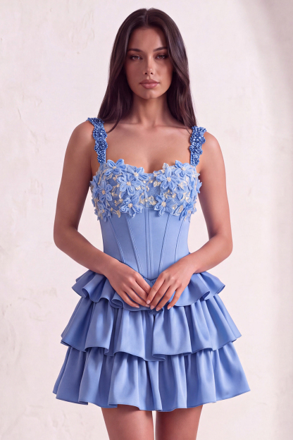 Leely Women Sparkly Light Purple Corset Beaded Floral Short Homecoming Dress Ruffled Lace Up Back Thick Straps A Line Cocktail Dress