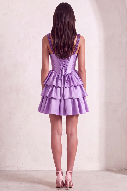 Sparkly Light Purple Corset Beaded Floral Short Homecoming Dress