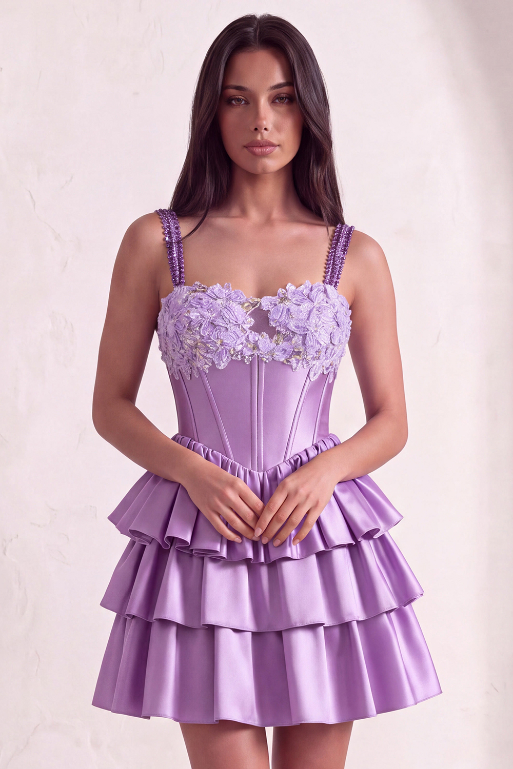 Sparkly Light Purple Corset Beaded Floral Short Homecoming Dress