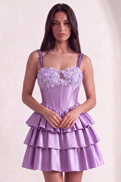 Sparkly Light Purple Corset Beaded Floral Short Homecoming Dress