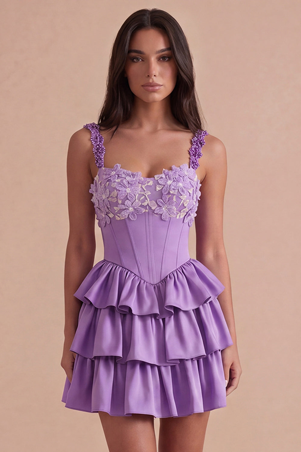 Sparkly Light Purple Corset Beaded Floral Short Homecoming Dress