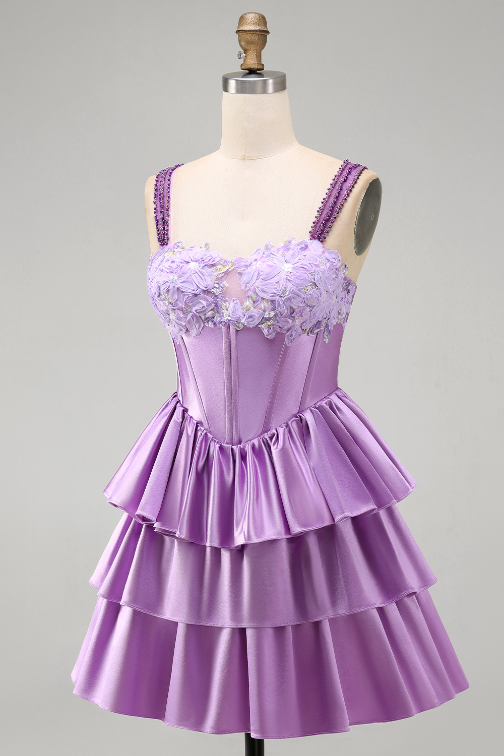 Sparkly Light Purple Corset Beaded Floral Short Homecoming Dress