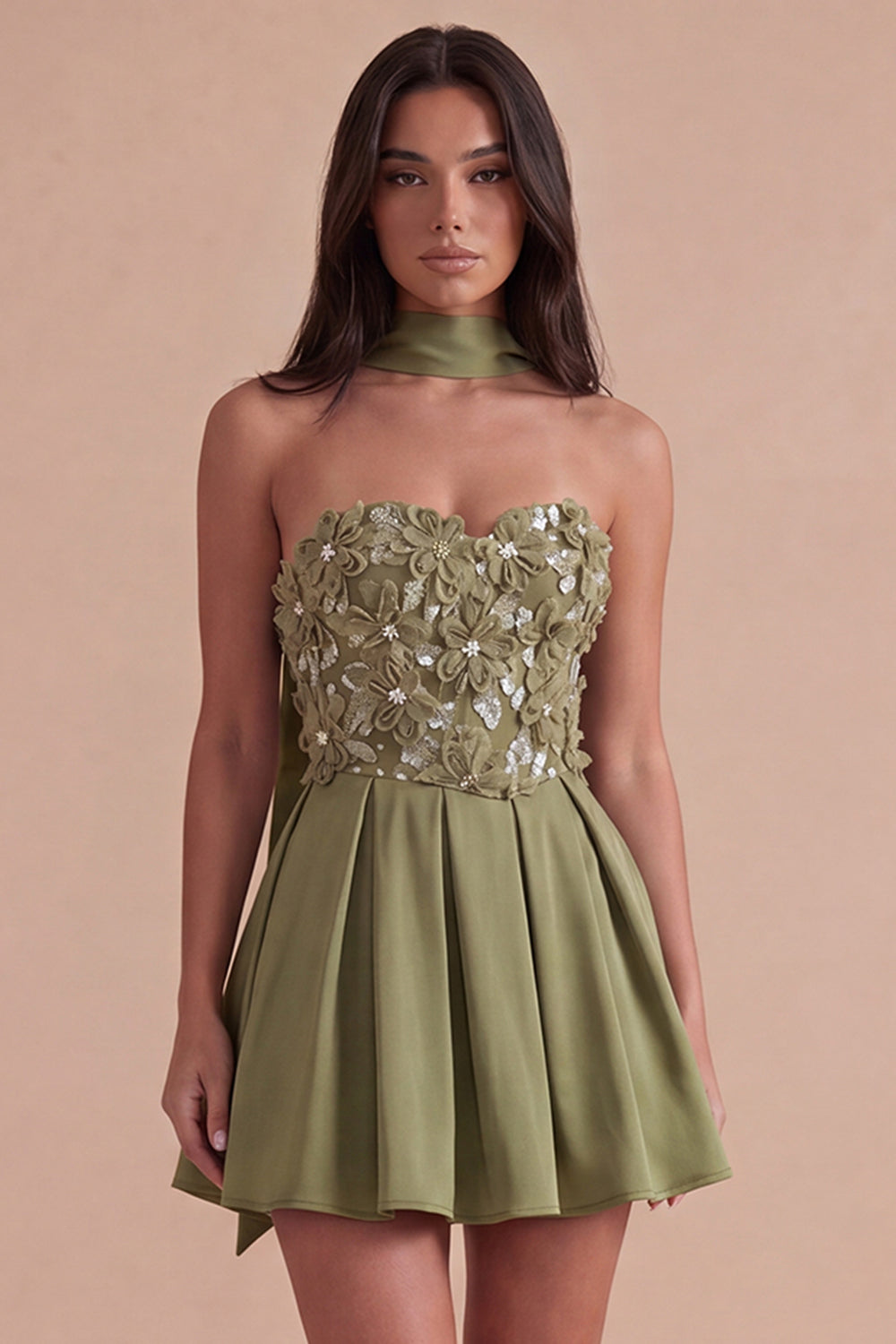Sparkly Olive Beaded Floral Short Homecoming Dress