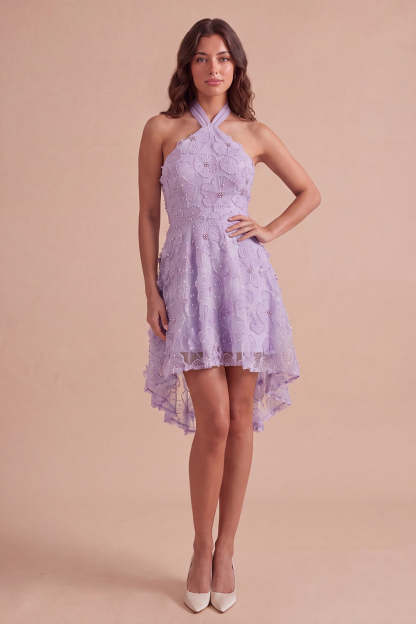 Sparkly Lilac Floral Beaded Halter Short Homecoming Dress
