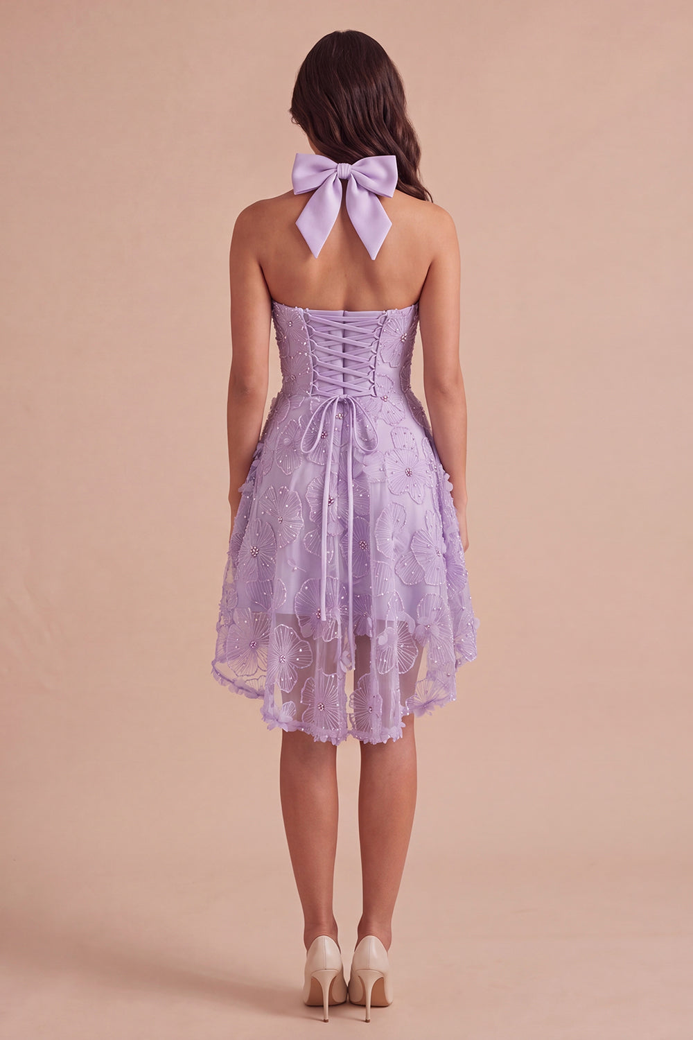 Sparkly Lilac Floral Beaded Halter Short Homecoming Dress