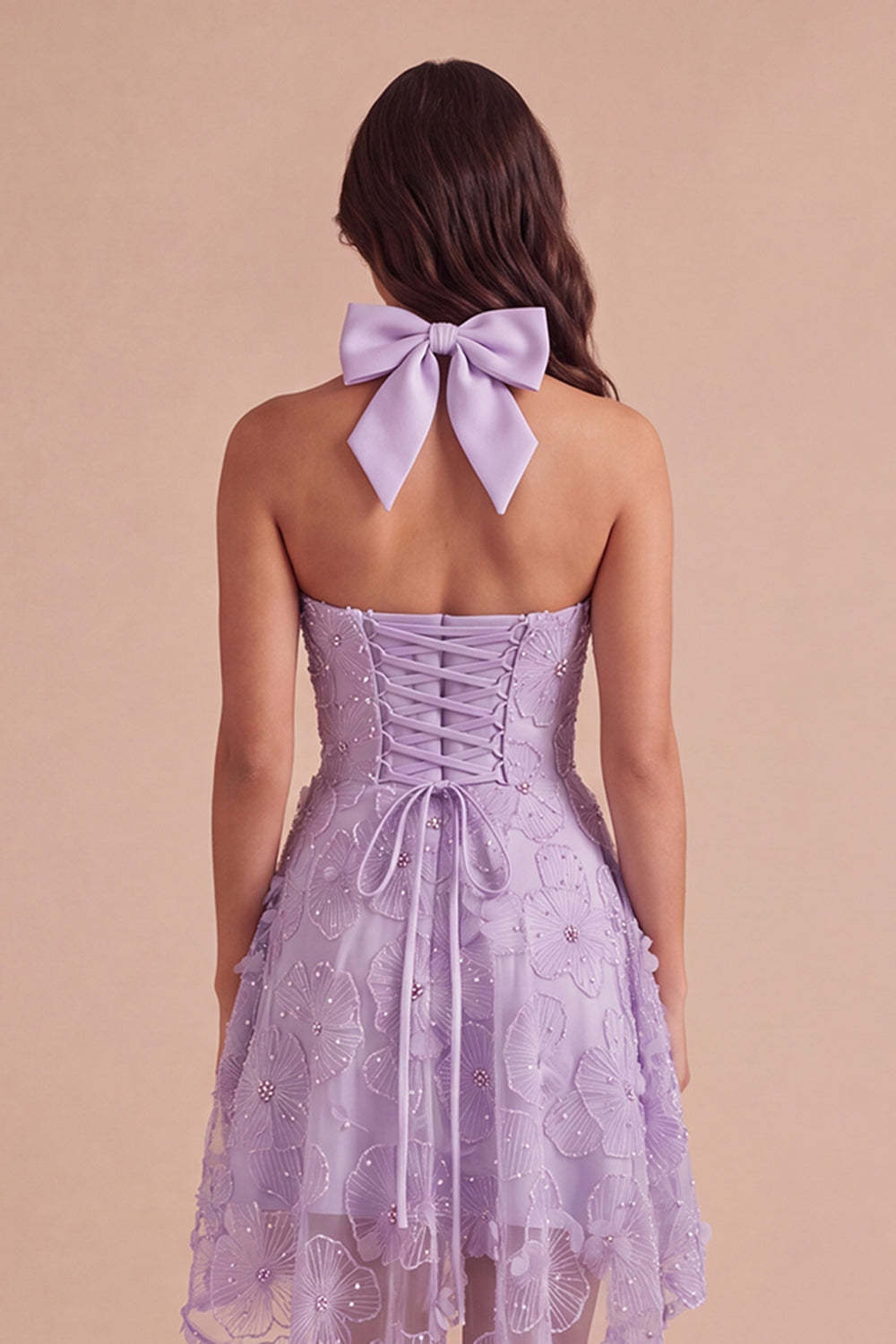 Sparkly Lilac Floral Beaded Halter Short Homecoming Dress