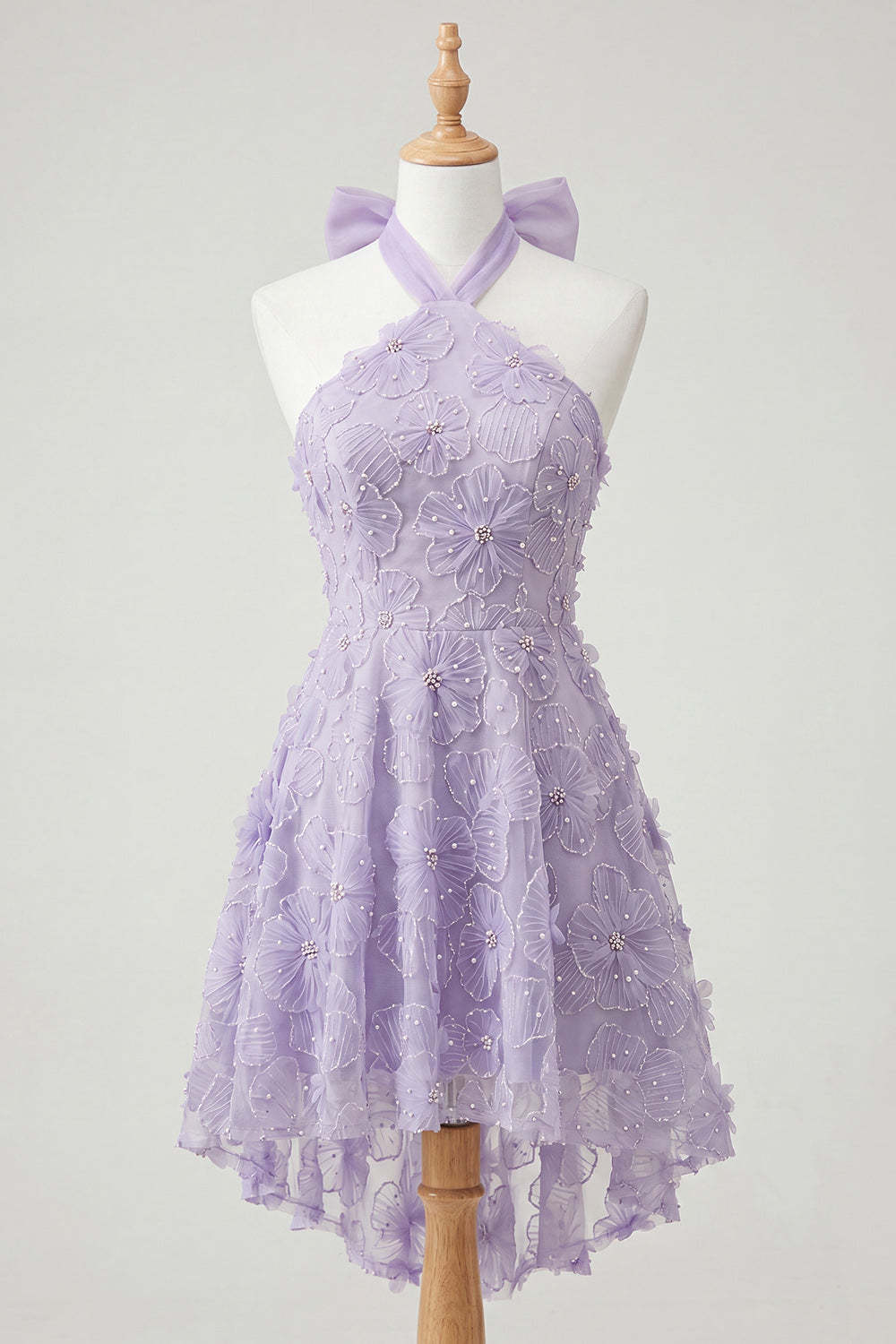 Sparkly Lilac Floral Beaded Halter Short Homecoming Dress